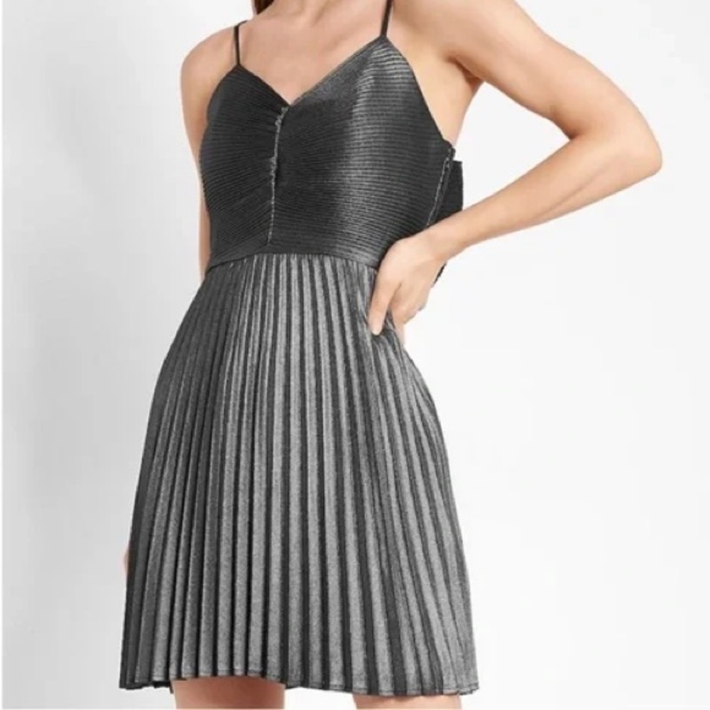 Express Metallic Pleated Bow Back Mini Dress